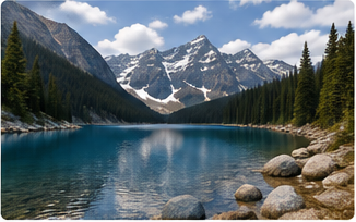 Mountain lake surrounded by pine trees and snow-capped peaks under a blue sky.