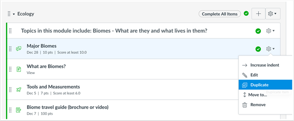 Module item setting menu showing duplicate option.