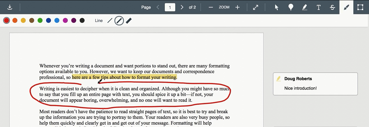 lines may be free drawn into the document for annotations 