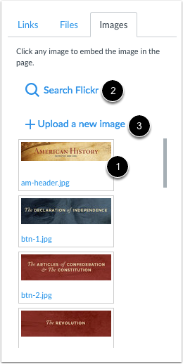 You have the option to link to existing course images, select Flickr images or upload new images in the content selector.